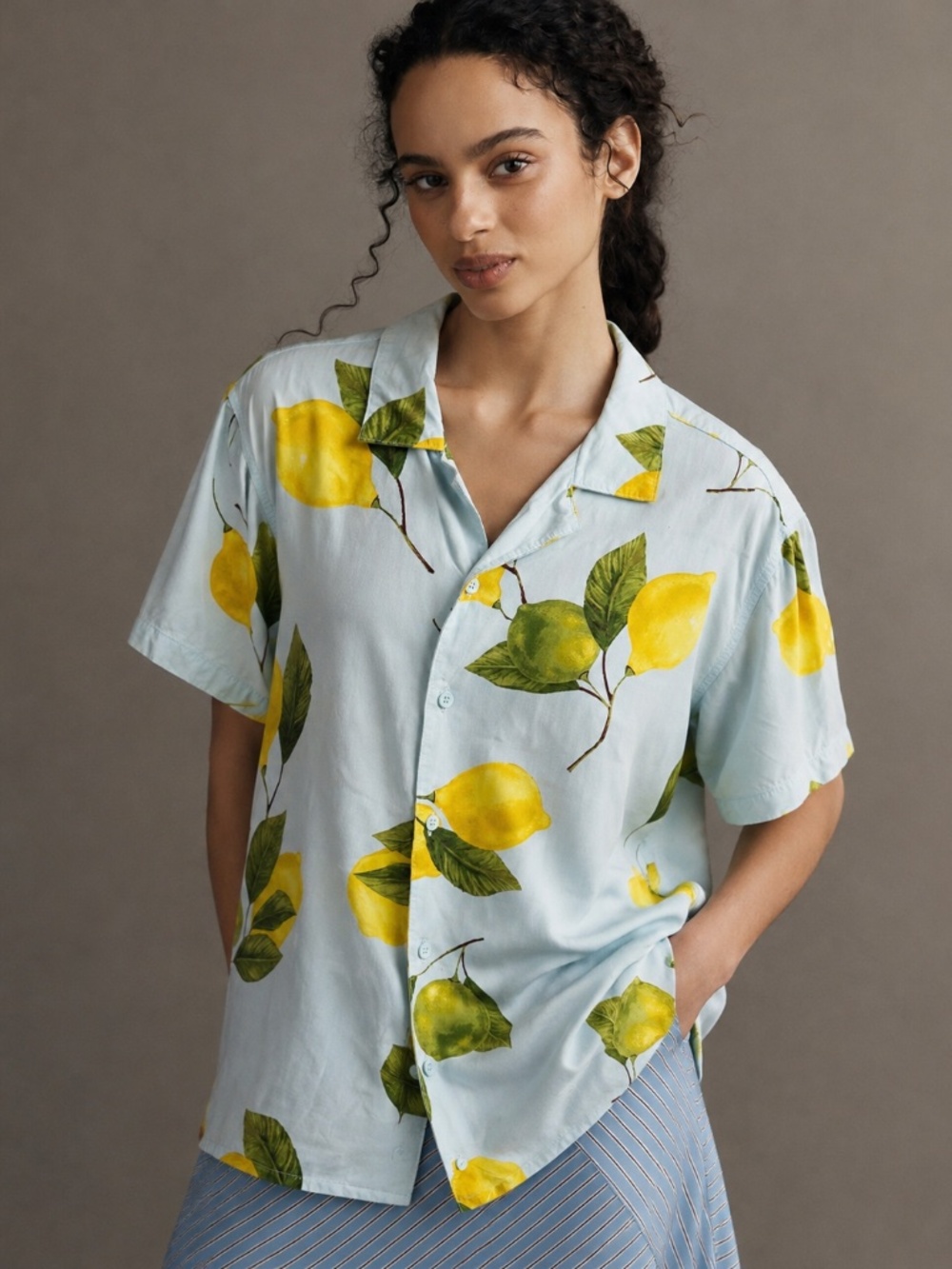 Original Use Lemon Print Rayon Button Front Shirt Blue Yellow Size M